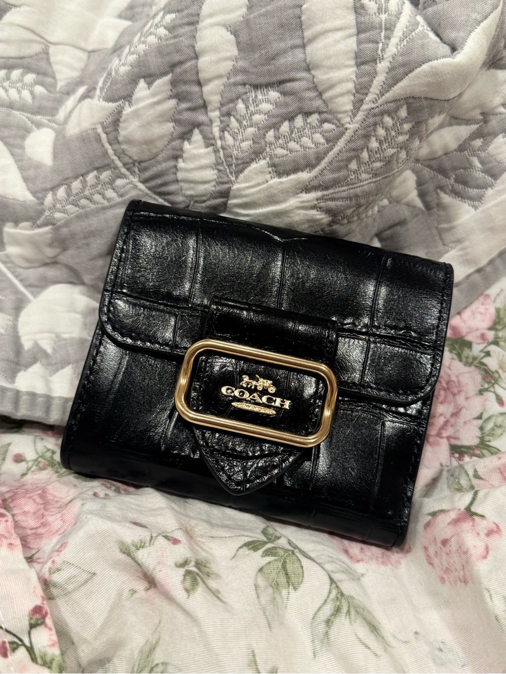 Coach Black Croc-Embossed Leather Wallet with Gold-Tone Buckle